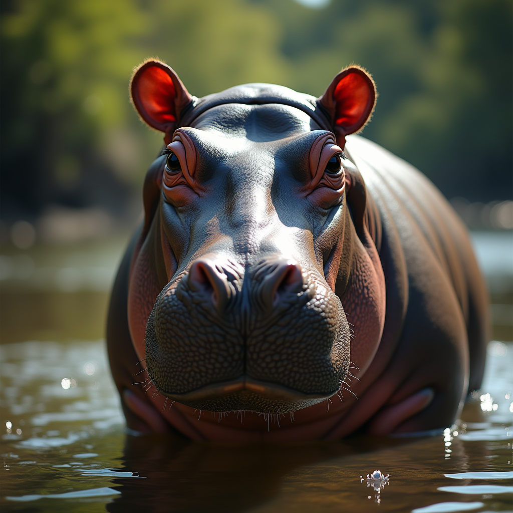 A photorealistic portrait of a Hippopotamus in its natural habitat