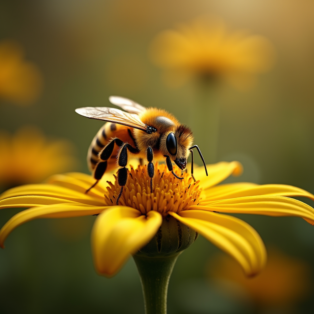 A photorealistic portrait of a Honey Bee in its natural habitat