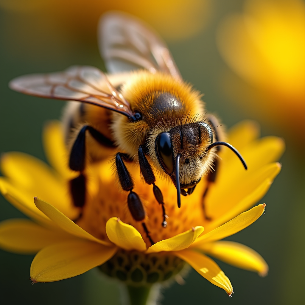 A photorealistic portrait of a Honey Bee in its natural habitat