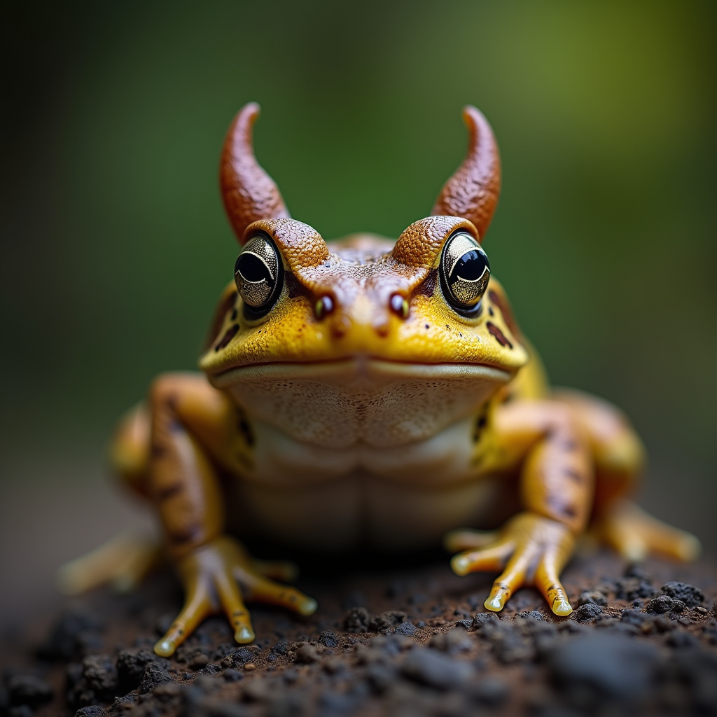 A photorealistic portrait of a Horned Frog in its natural habitat