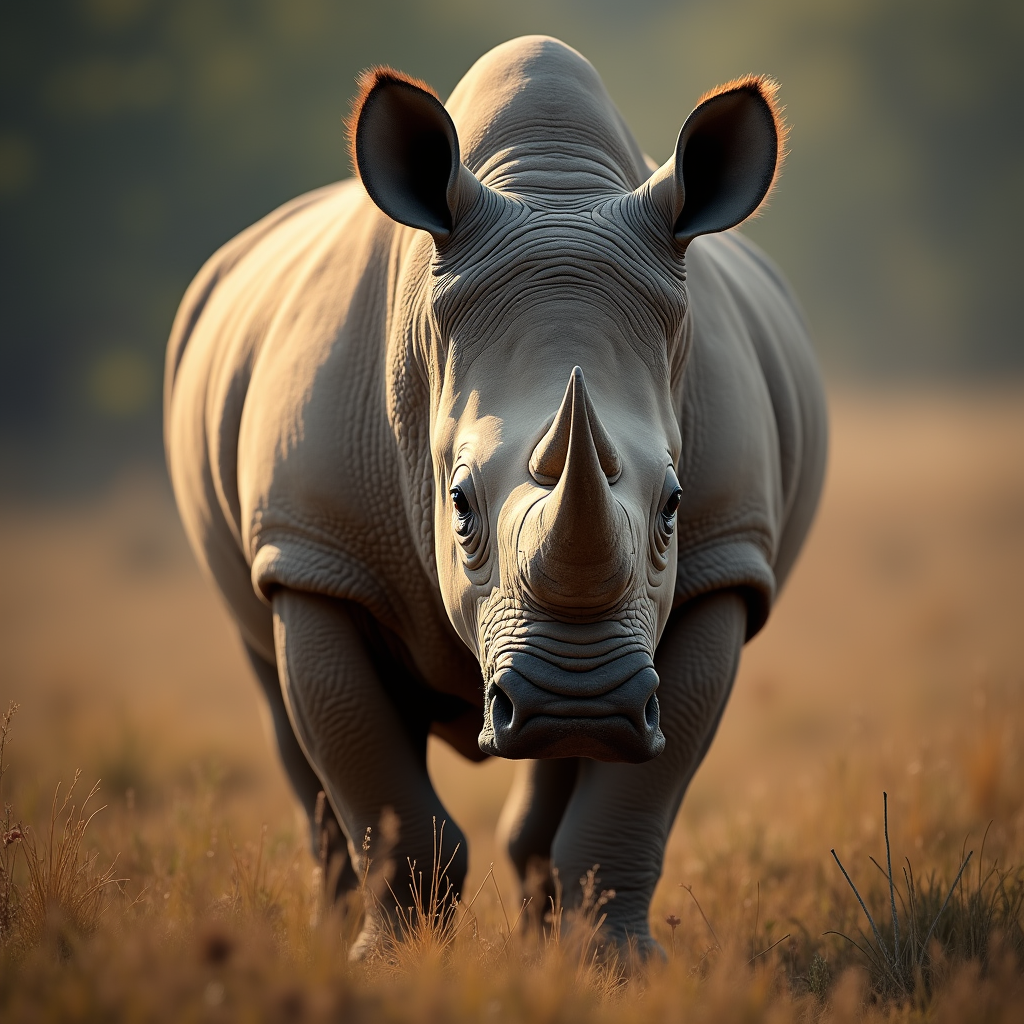 A photorealistic portrait of a Indian Rhinoceros in its natural habitat