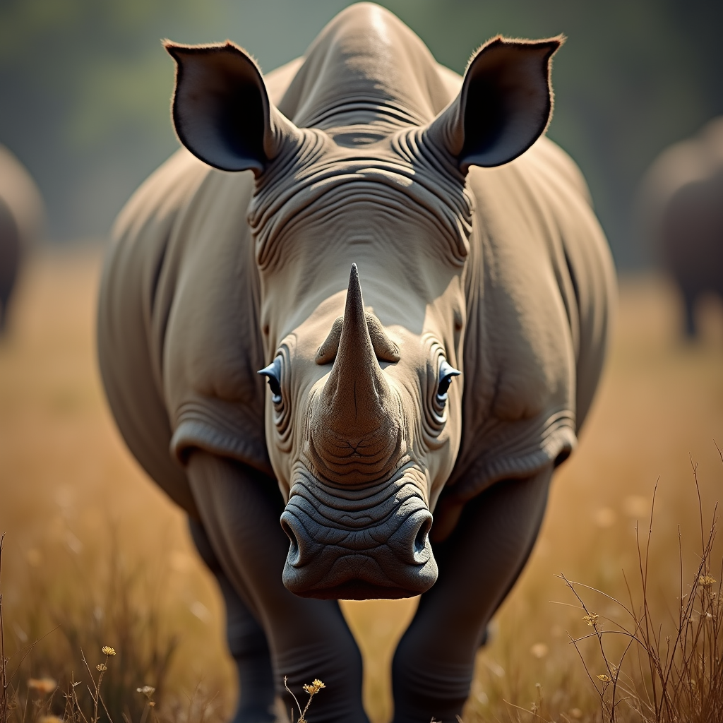 A photorealistic portrait of a Indian Rhinoceros in its natural habitat