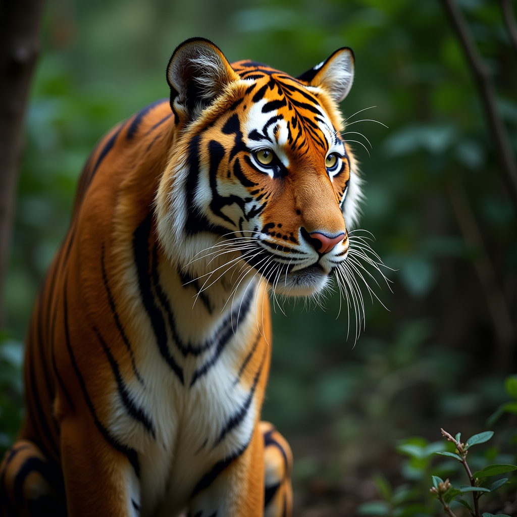 A photorealistic portrait of a Indochinese Tiger in its natural habitat