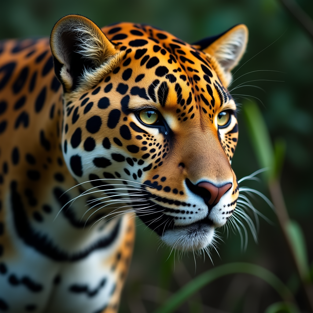 A photorealistic portrait of a Jaguar in its natural habitat