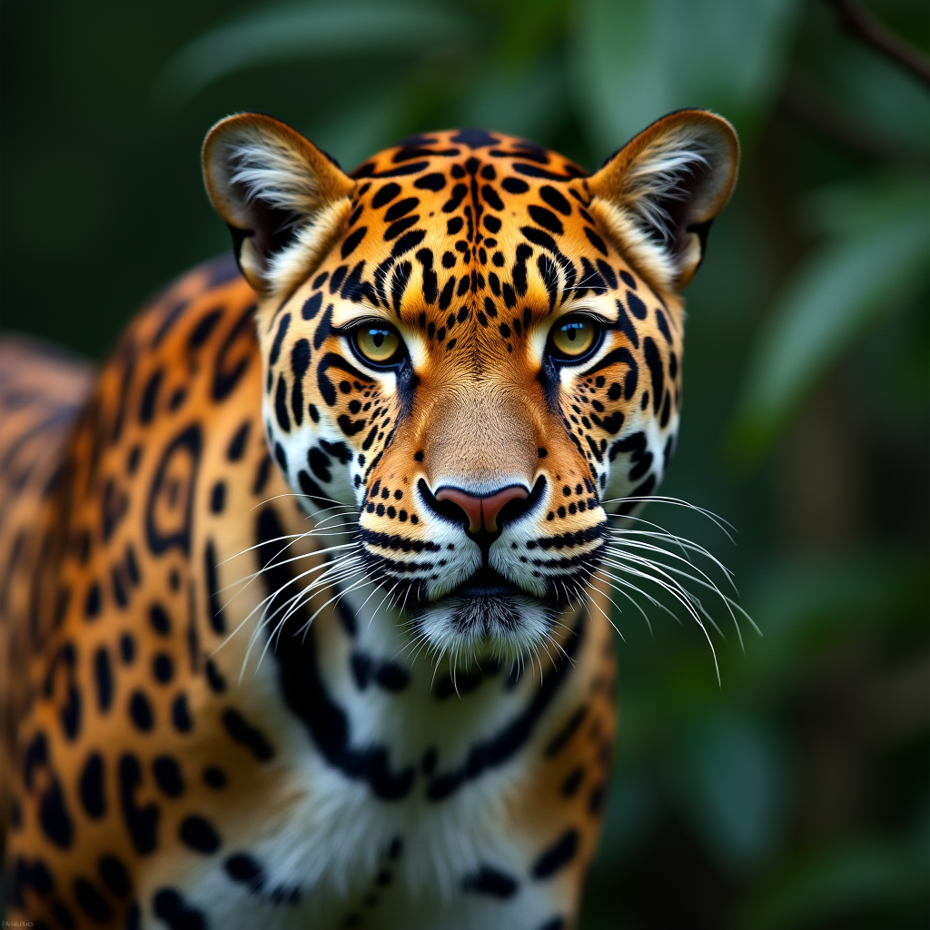 A photorealistic portrait of a Jaguar in its natural habitat