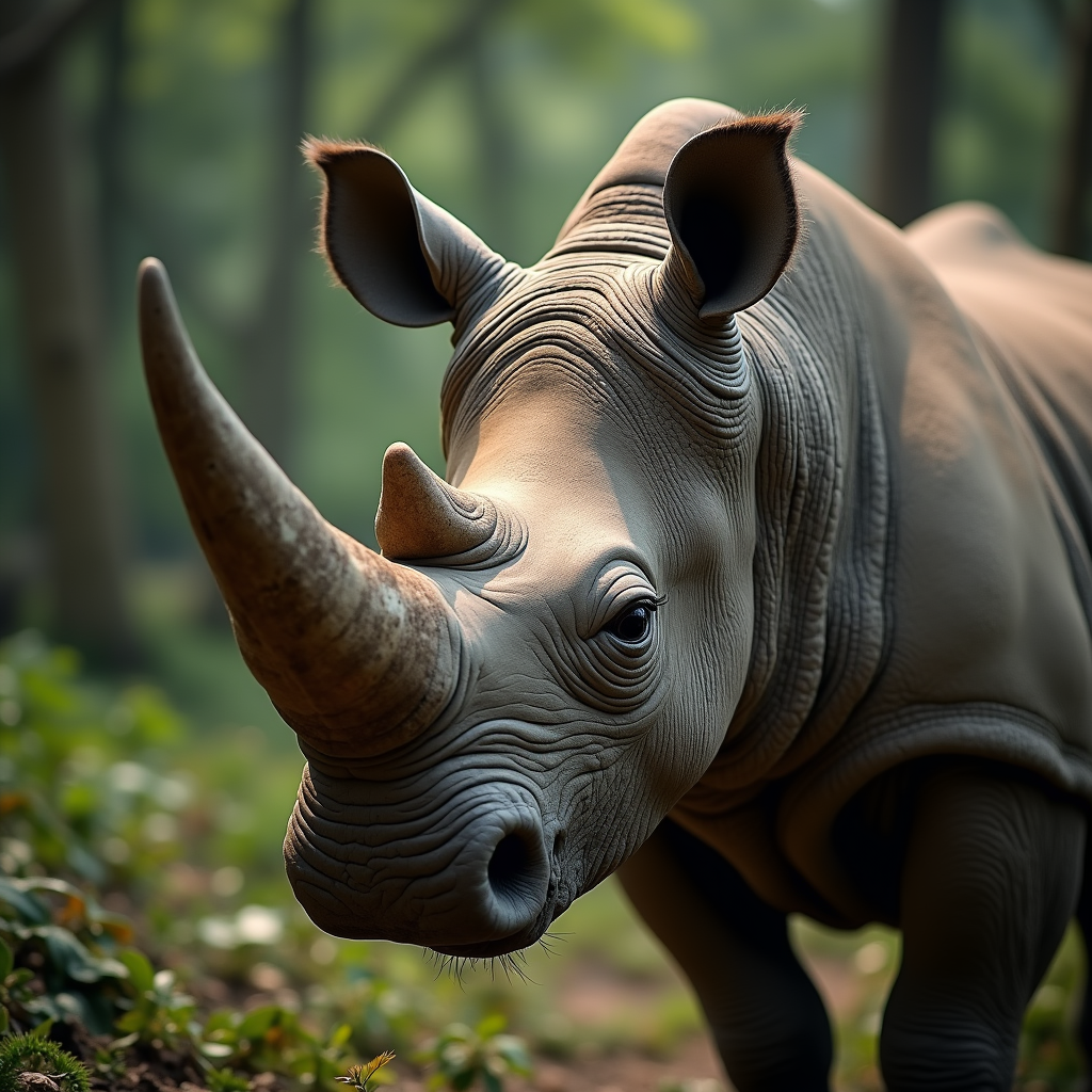 A photorealistic portrait of a Javan Rhinoceros in its natural habitat