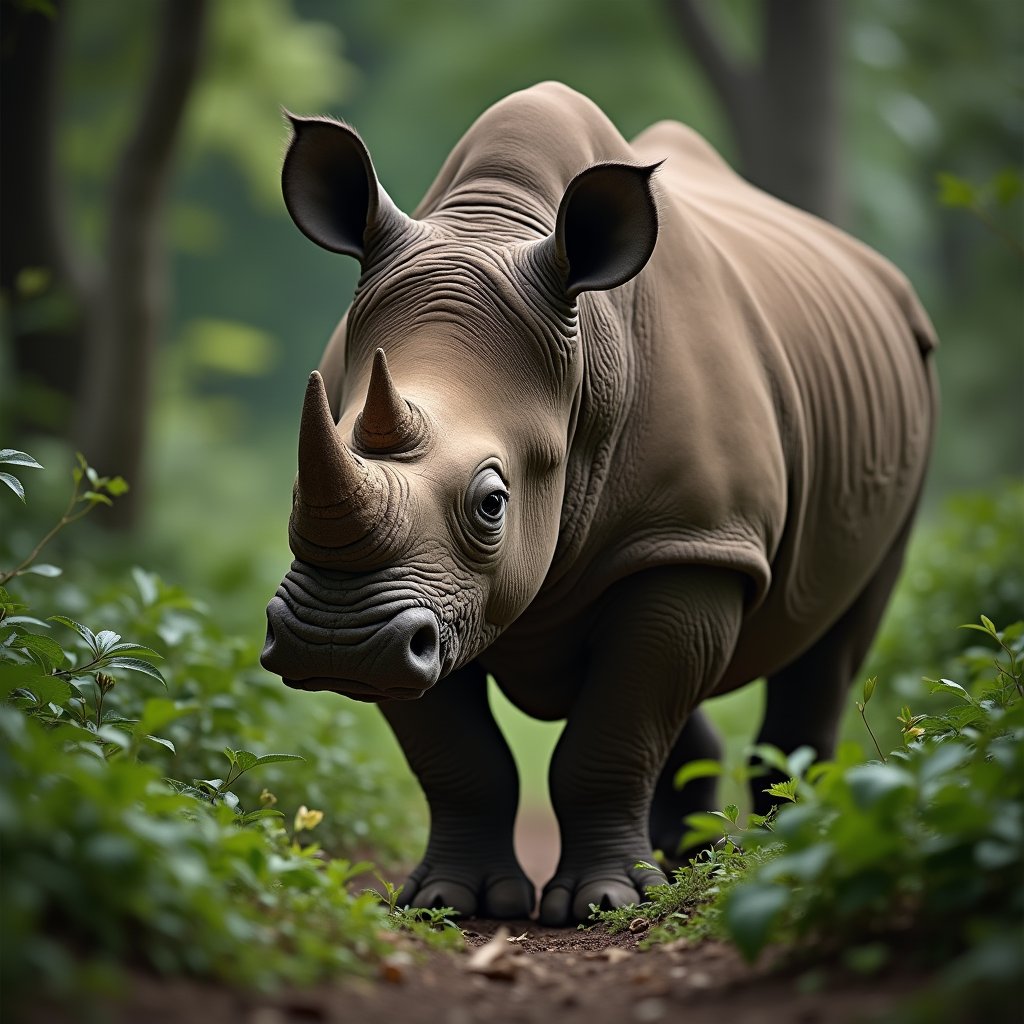 A photorealistic portrait of a Javan Rhinoceros in its natural habitat