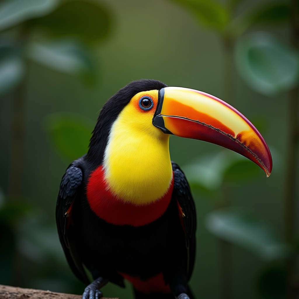 A photorealistic portrait of a Keel Billed Toucan in its natural habitat