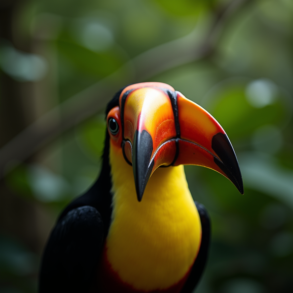 A photorealistic portrait of a Keel Billed Toucan in its natural habitat