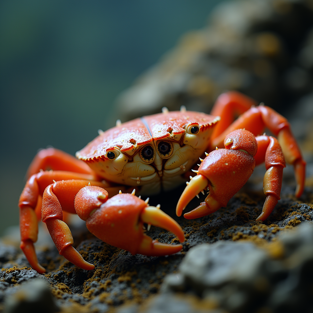 A photorealistic portrait of a King Crab in its natural habitat