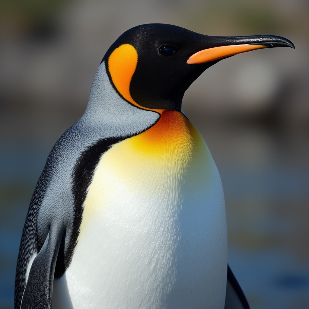A photorealistic portrait of a King Penguin in its natural habitat