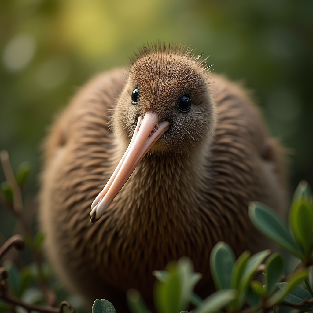 A photorealistic portrait of a Kiwi in its natural habitat