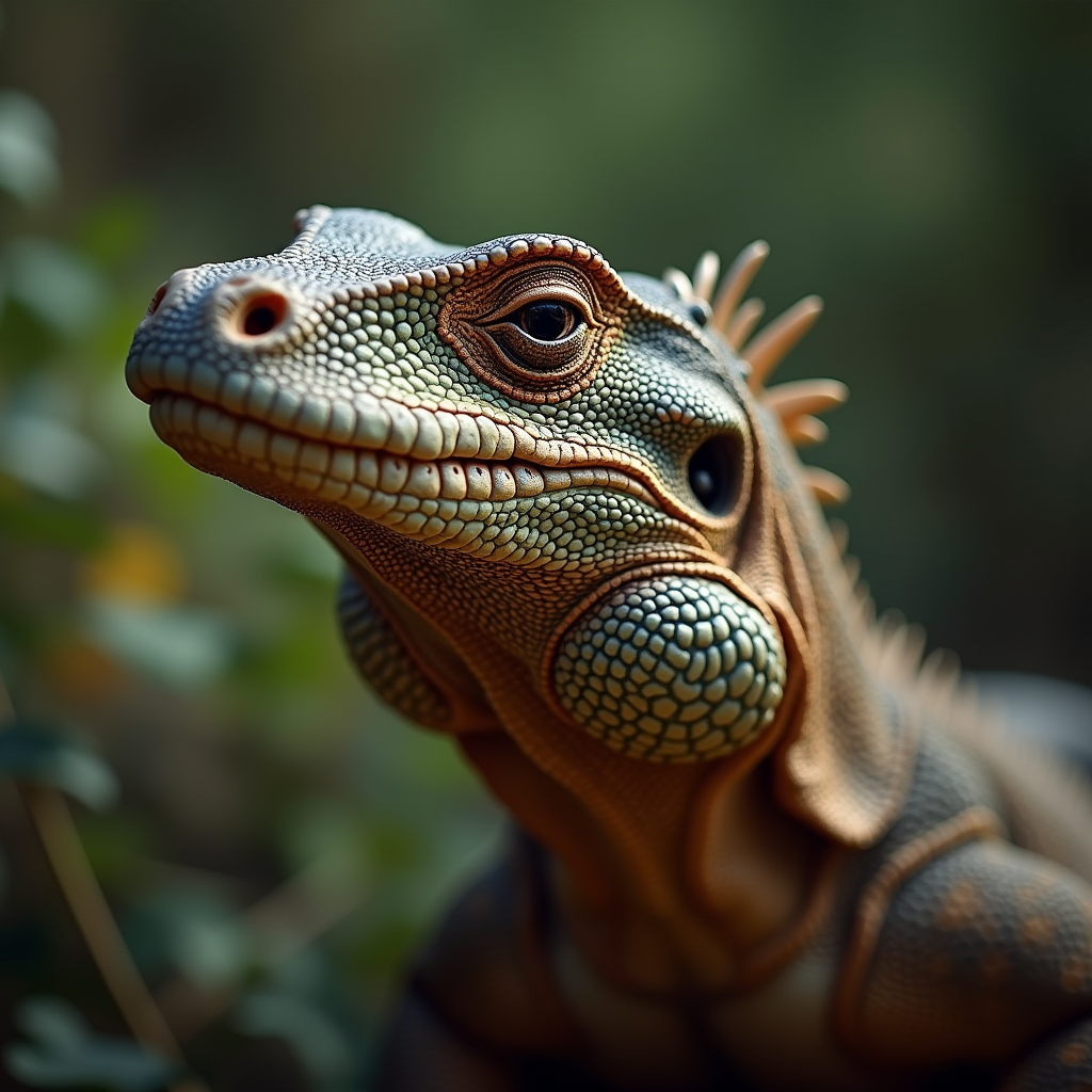 A photorealistic portrait of a Komodo Dragon in its natural habitat