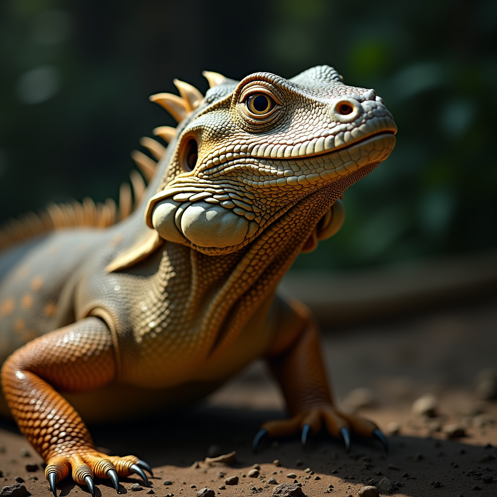 A photorealistic portrait of a Komodo Dragon in its natural habitat