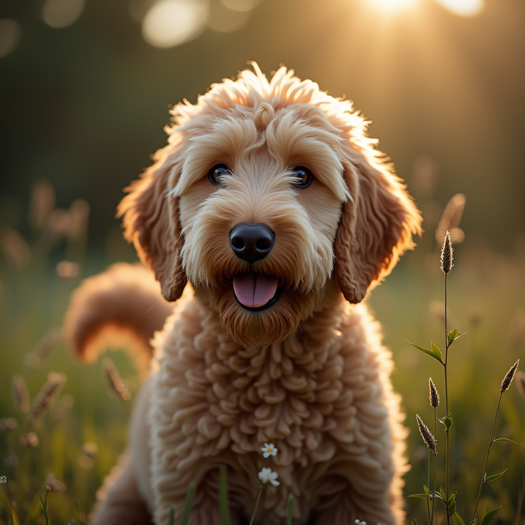 A photorealistic portrait of a Labradoodle in its natural habitat