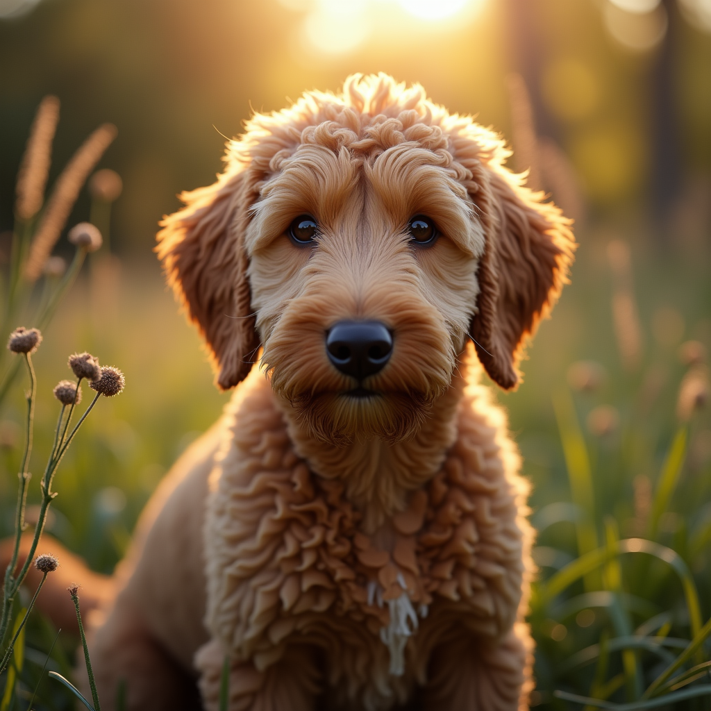 A photorealistic portrait of a Labradoodle in its natural habitat