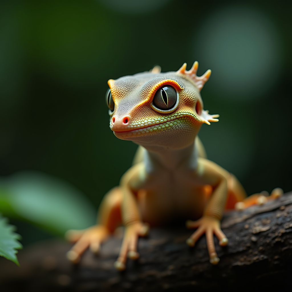 A photorealistic portrait of a Leaf-Tailed Gecko in its natural habitat