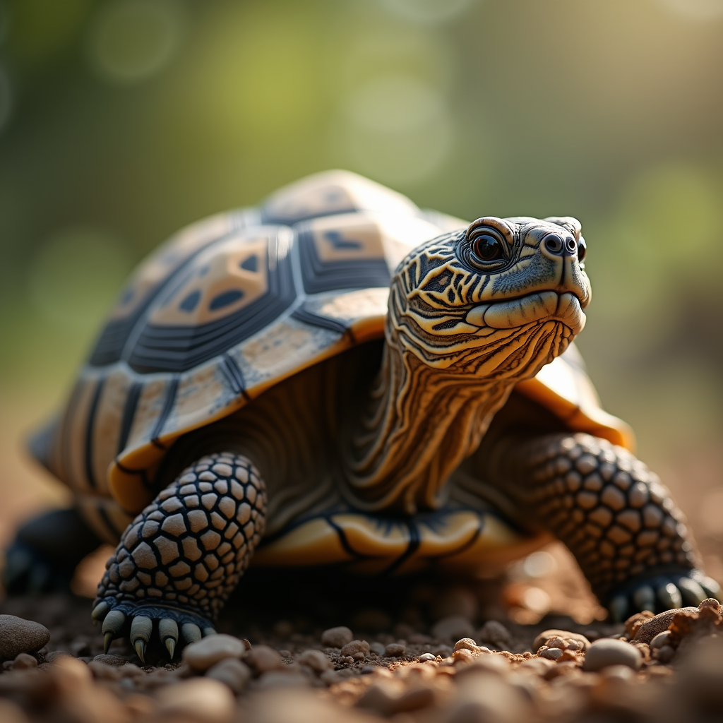 A photorealistic portrait of a Leopard Tortoise in its natural habitat
