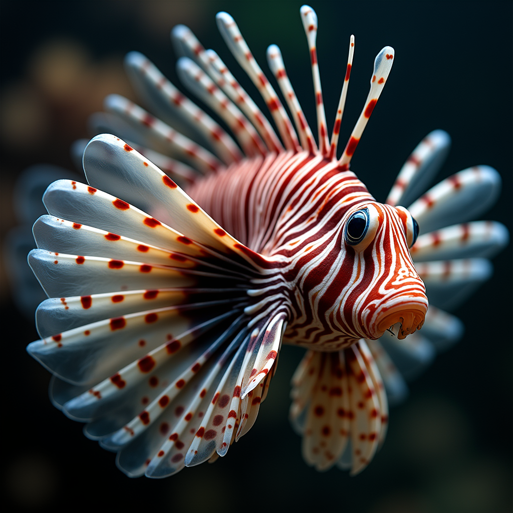 A photorealistic portrait of a Lionfish in its natural habitat