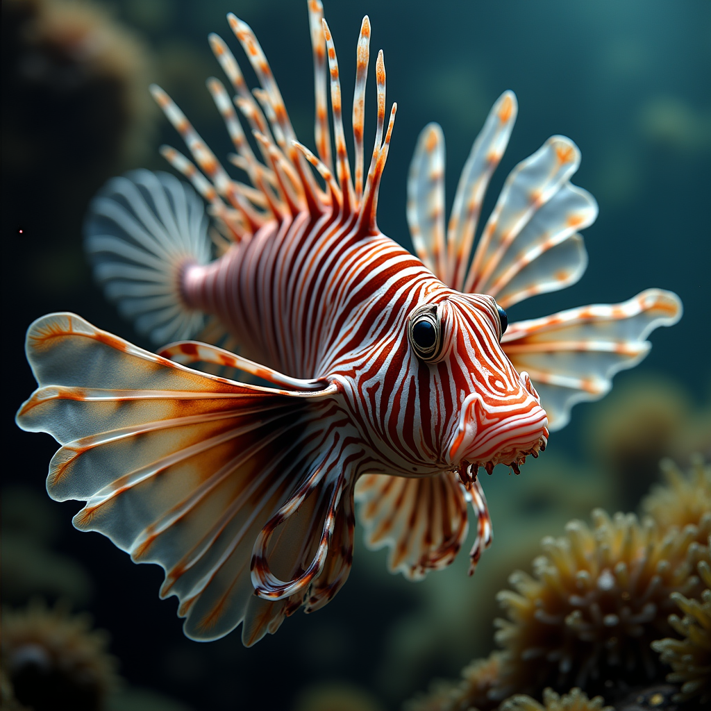 A photorealistic portrait of a Lionfish in its natural habitat