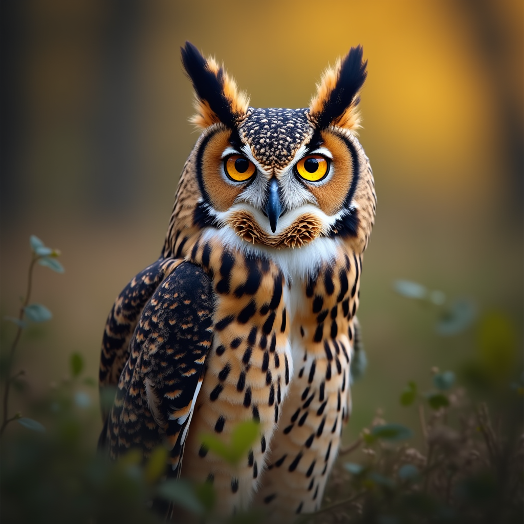 A photorealistic portrait of a Long-Eared Owl in its natural habitat