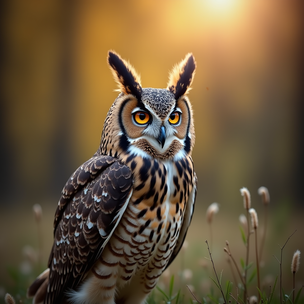 A photorealistic portrait of a Long-Eared Owl in its natural habitat
