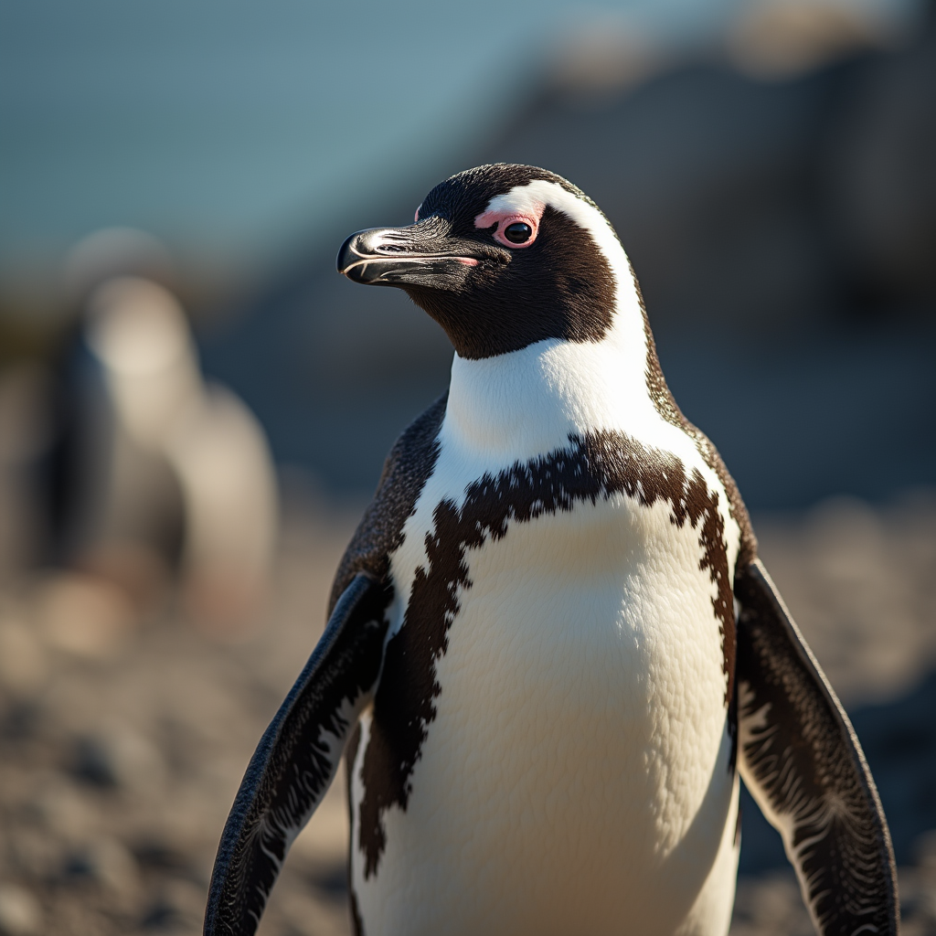 A photorealistic portrait of a Magellanic Penguin in its natural habitat