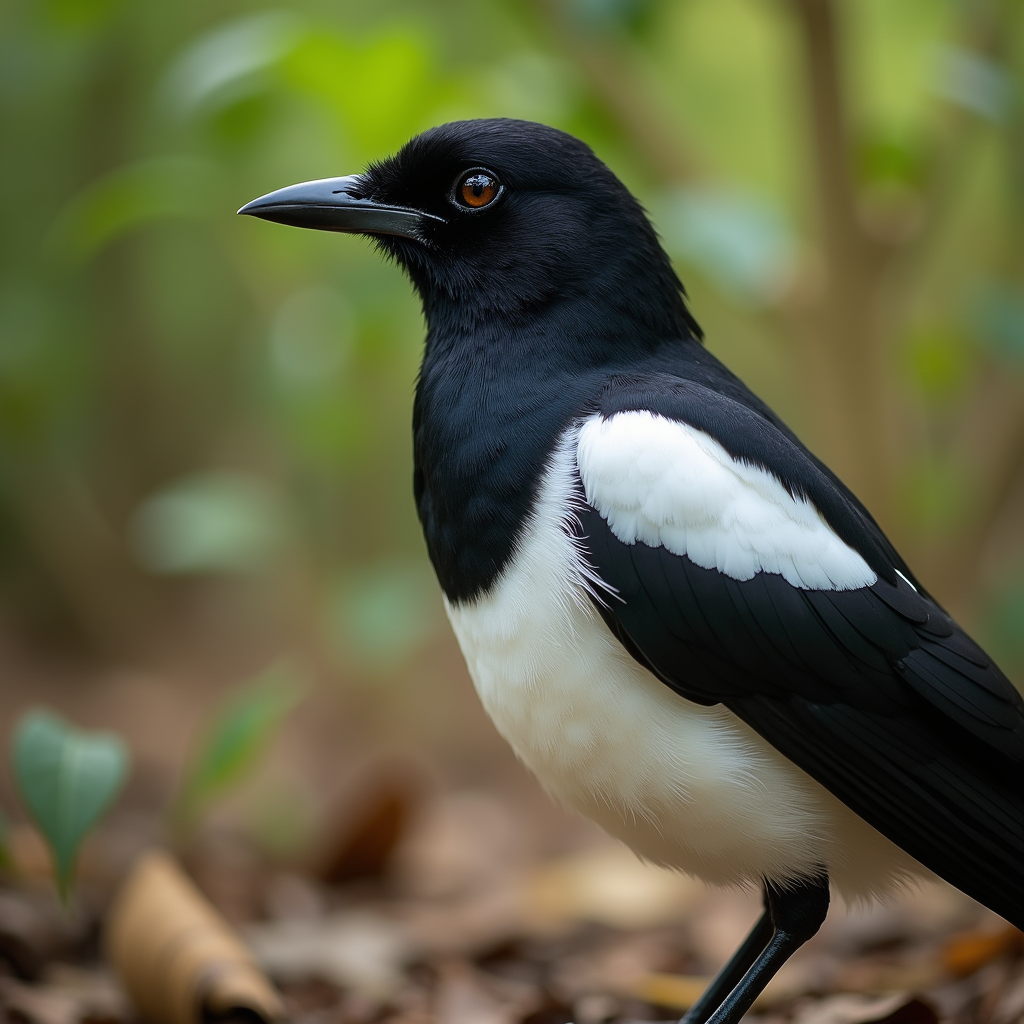 A photorealistic portrait of a Magpie in its natural habitat
