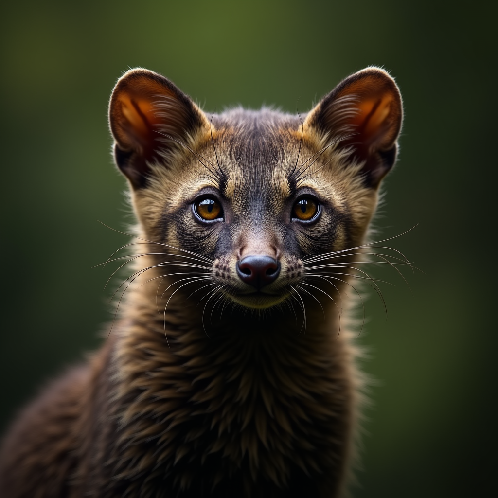 A photorealistic portrait of a Malayan Civet in its natural habitat