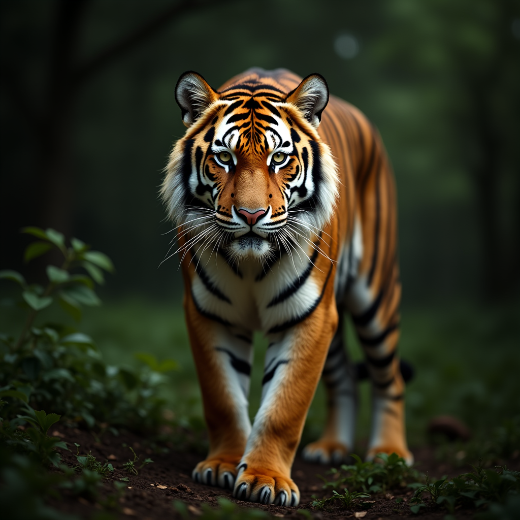 A photorealistic portrait of a Malayan Tiger in its natural habitat