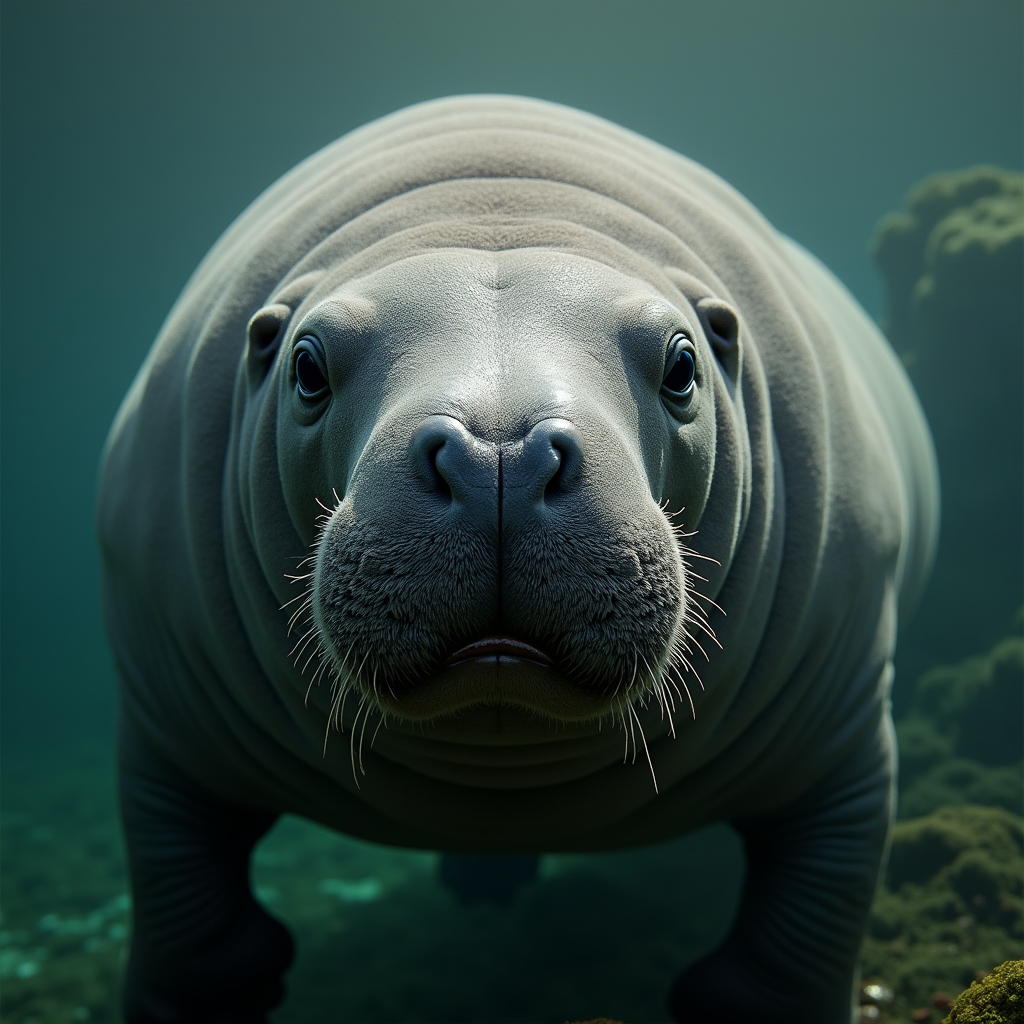 A photorealistic portrait of a Manatee in its natural habitat