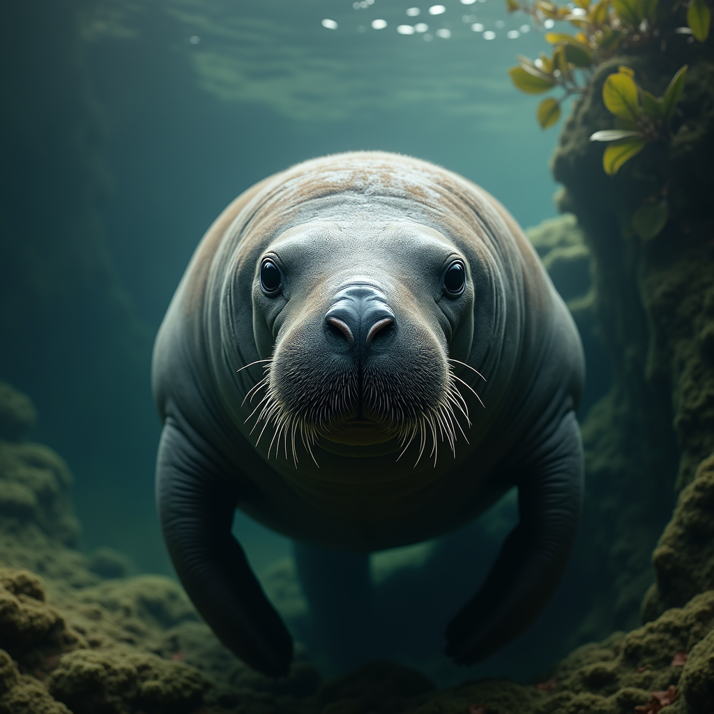 A photorealistic portrait of a Manatee in its natural habitat