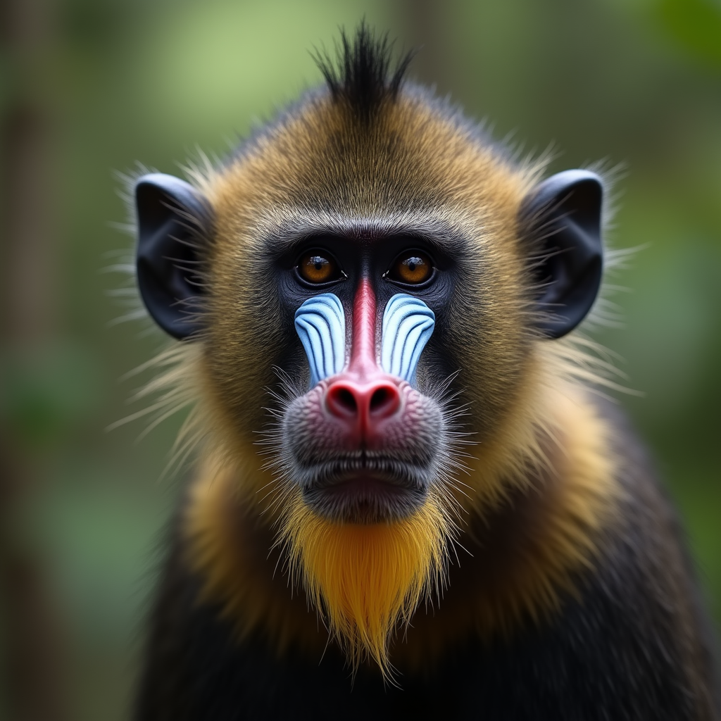 A photorealistic portrait of a Mandrill in its natural habitat
