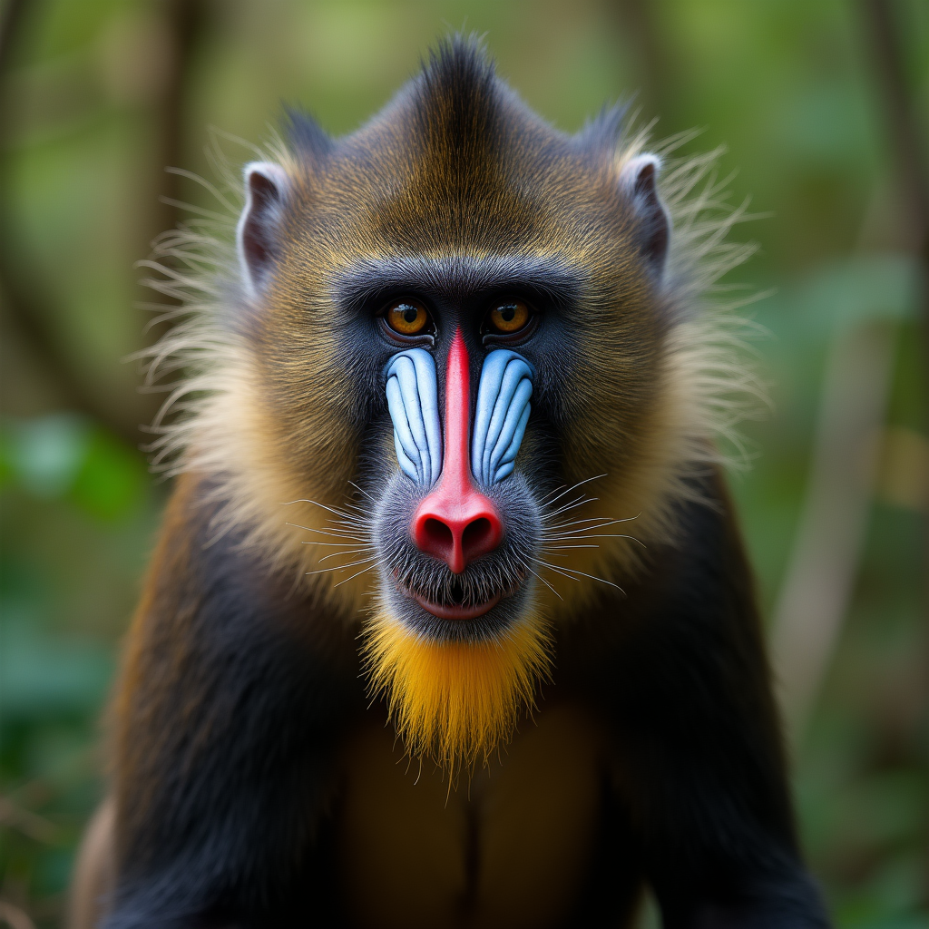 A photorealistic portrait of a Mandrill in its natural habitat