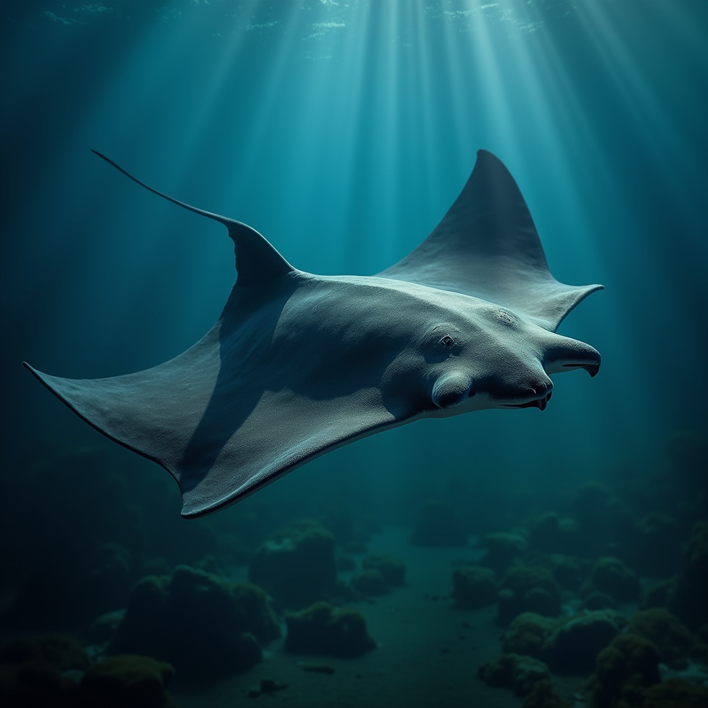 A photorealistic portrait of a Manta Ray in its natural habitat