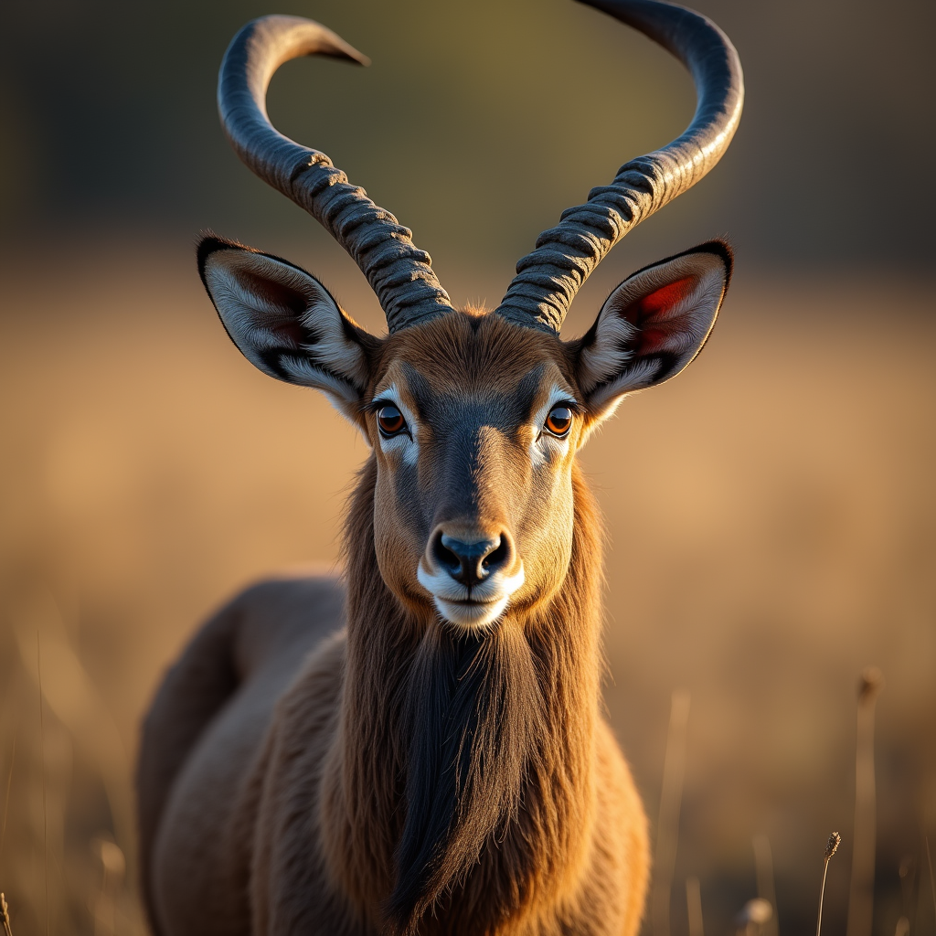 A photorealistic portrait of a Markhor in its natural habitat