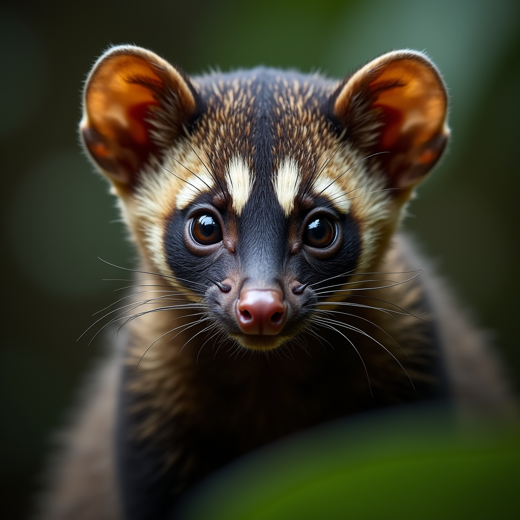 A photorealistic portrait of a Masked Palm Civet in its natural habitat
