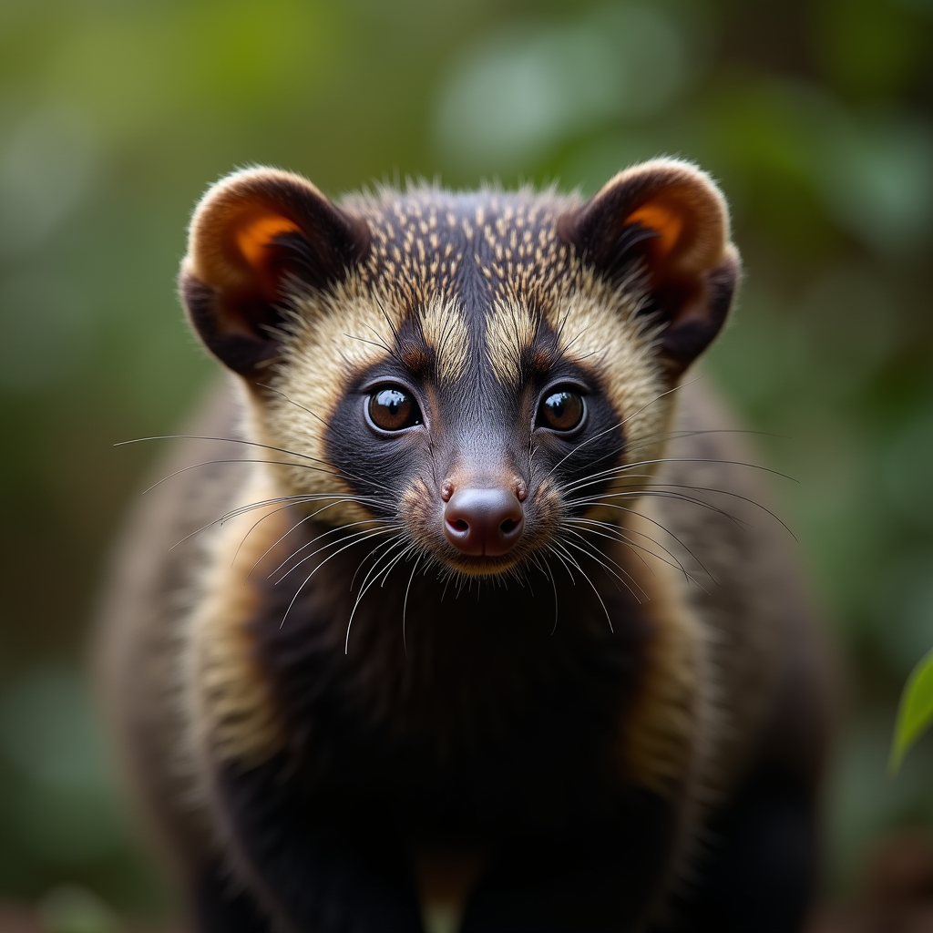 A photorealistic portrait of a Masked Palm Civet in its natural habitat