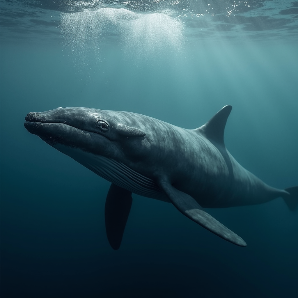 A photorealistic portrait of a Minke Whale in its natural habitat