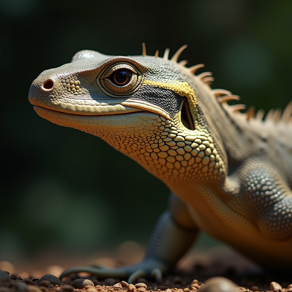 A photorealistic portrait of a Monitor Lizard in its natural habitat