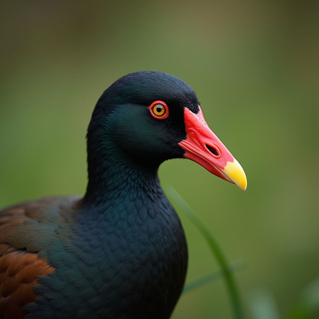 A photorealistic portrait of a Moorhen in its natural habitat
