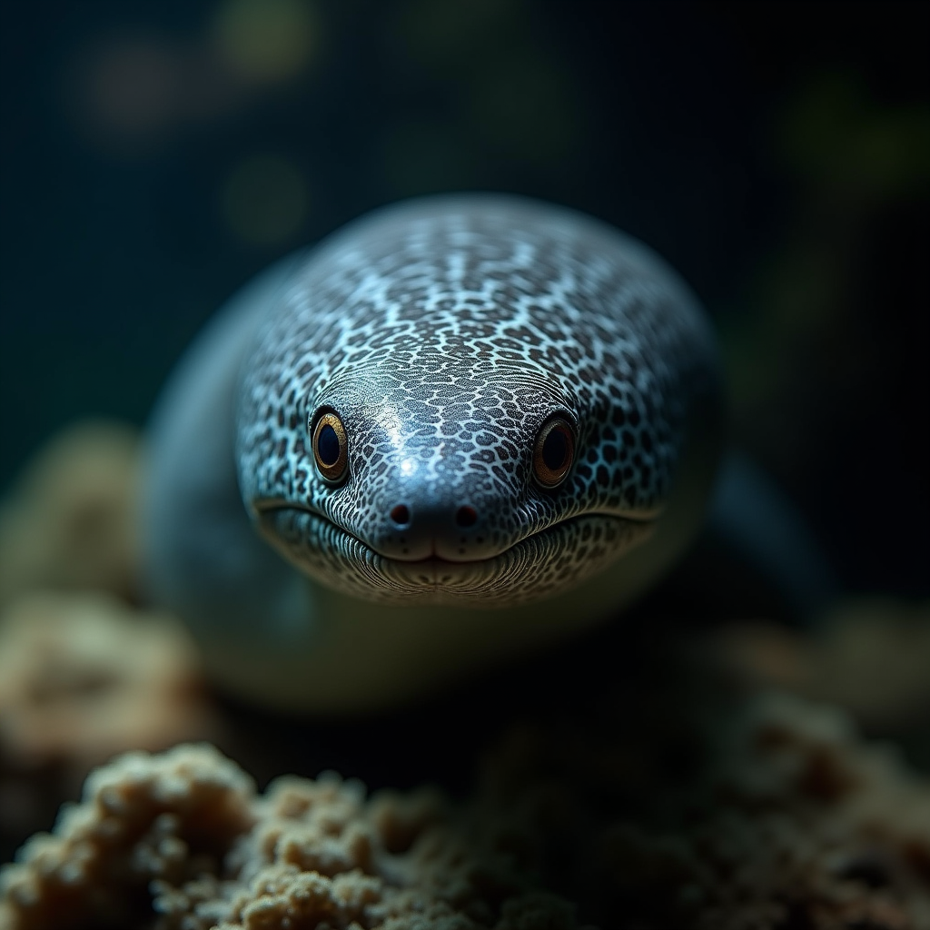 A photorealistic portrait of a Moray Eel in its natural habitat