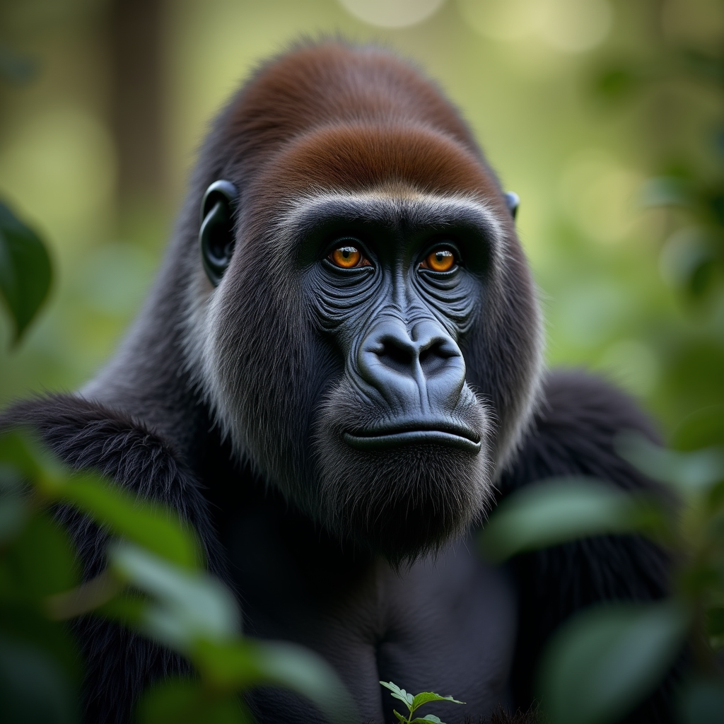 A photorealistic portrait of a Mountain Gorilla in its natural habitat