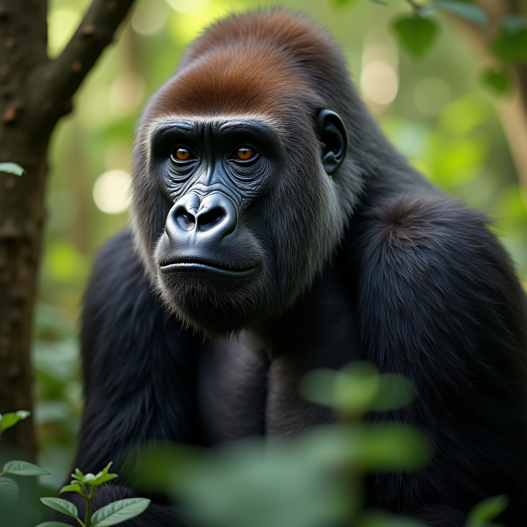 A photorealistic portrait of a Mountain Gorilla in its natural habitat