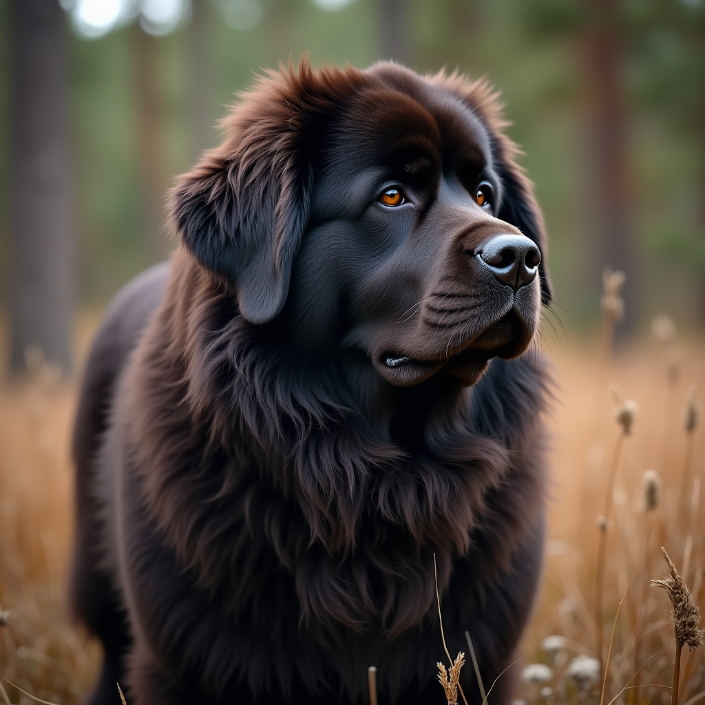 A photorealistic portrait of a Newfoundland in its natural habitat
