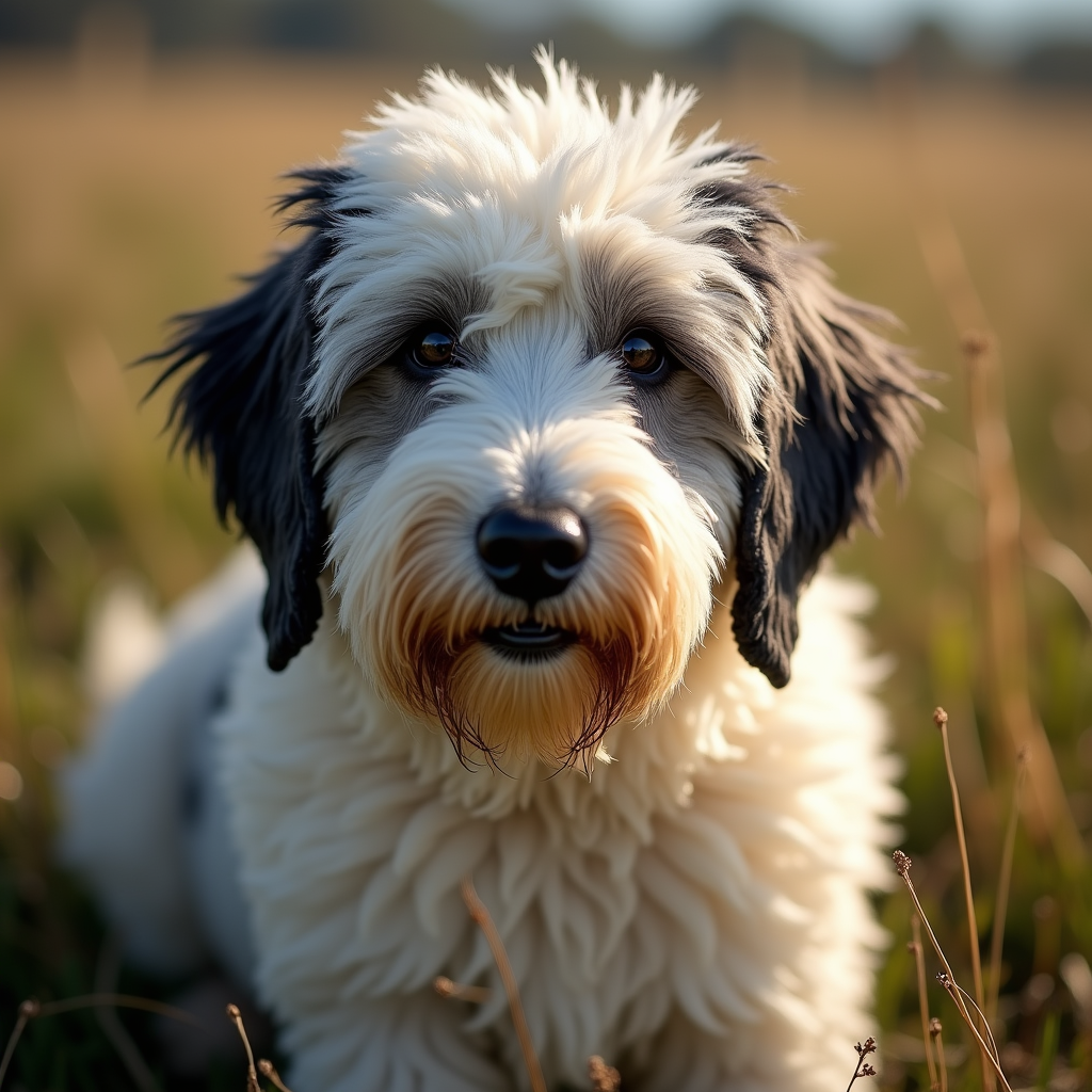 A photorealistic portrait of a Old English Sheepdog in its natural habitat