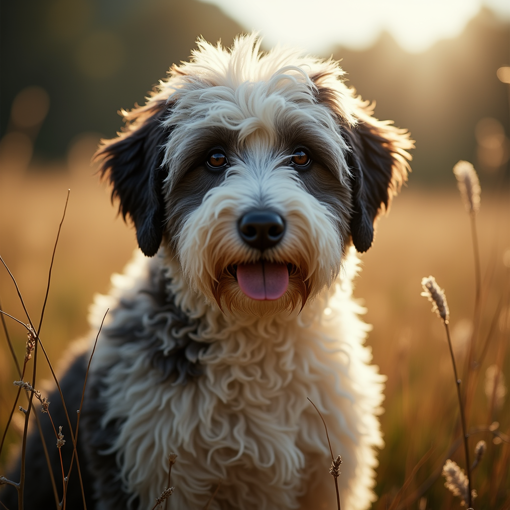 A photorealistic portrait of a Old English Sheepdog in its natural habitat