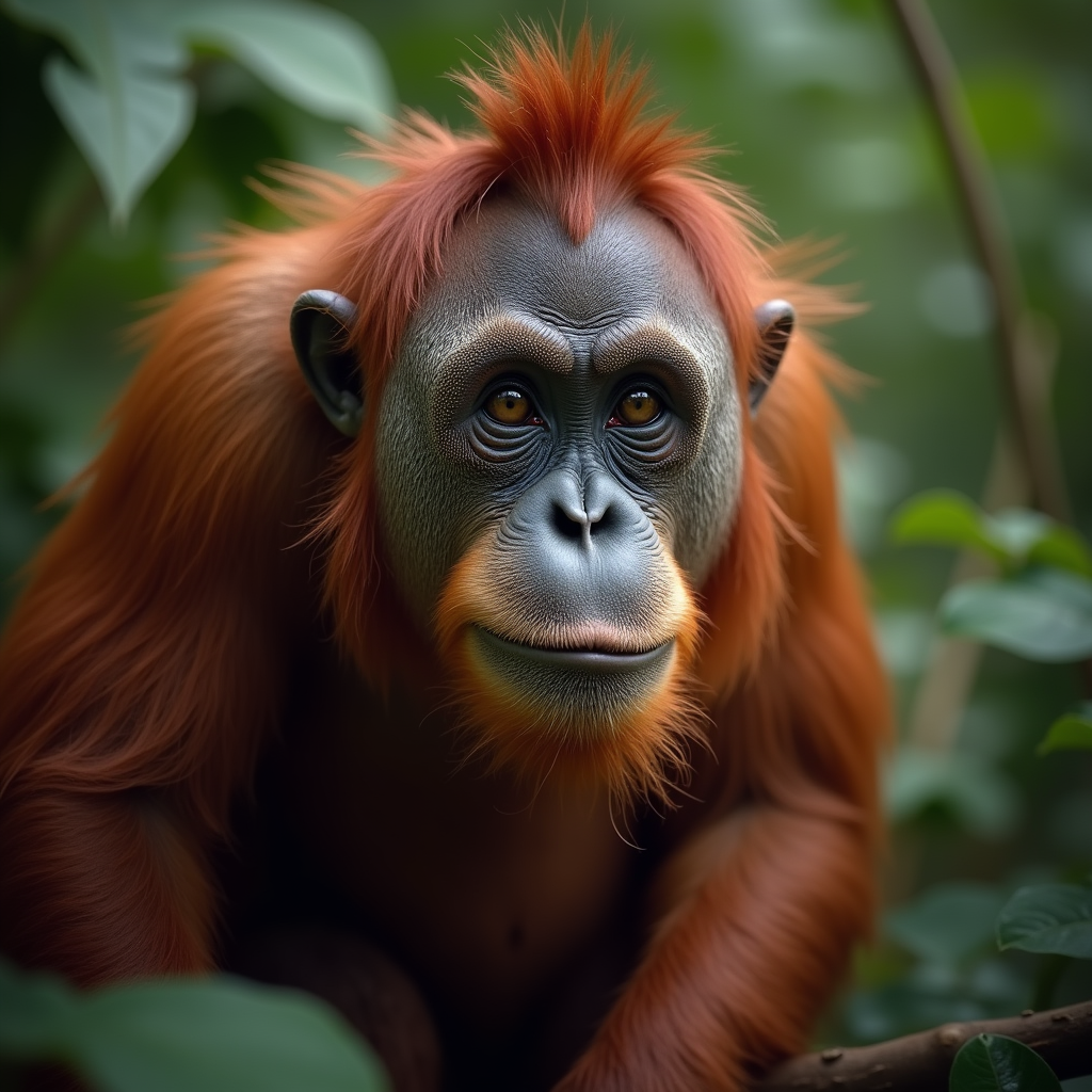 A photorealistic portrait of a Orang-utan in its natural habitat