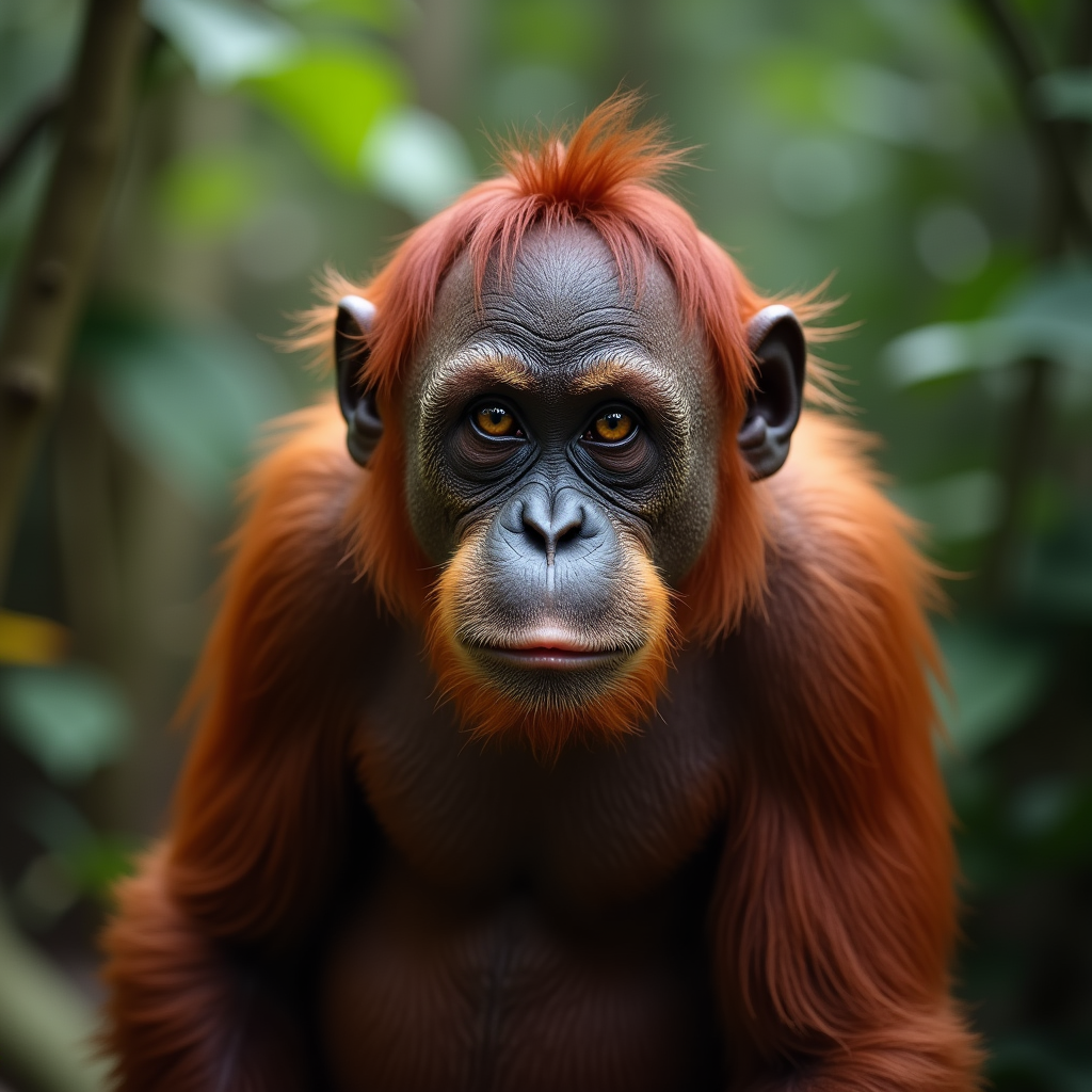 A photorealistic portrait of a Orang-utan in its natural habitat