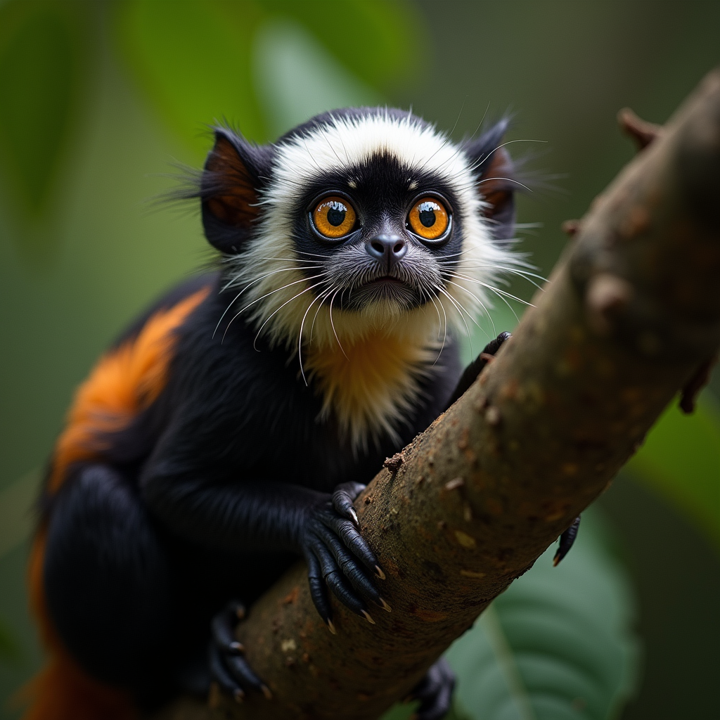 A photorealistic portrait of a Pied Tamarin in its natural habitat